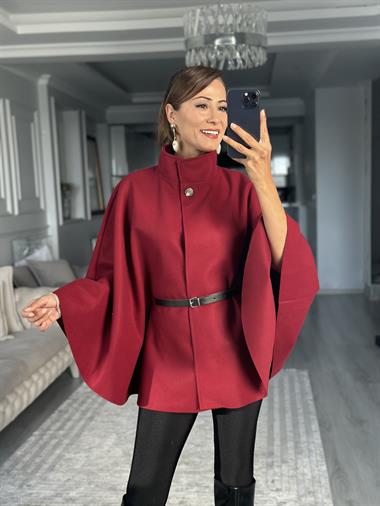 Bordo Tek Düğmeli Dik Yaka Kemerli Kadın Kaşe Panço