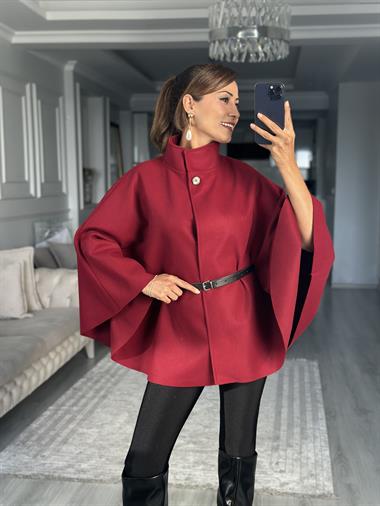 Bordo Tek Düğmeli Dik Yaka Kemerli Kadın Kaşe Panço