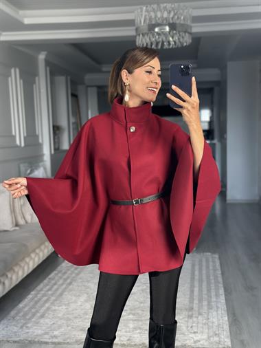 Bordo Tek Düğmeli Dik Yaka Kemerli Kadın Kaşe Panço