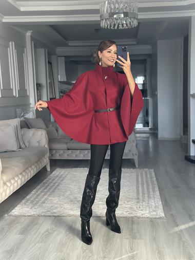 Bordo Tek Düğmeli Dik Yaka Kemerli Kadın Kaşe Panço