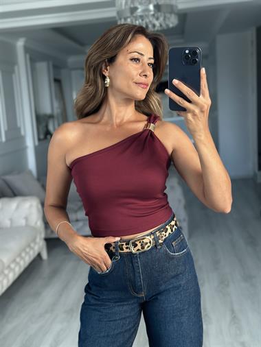 Bordo Tek Omuz Tokalı Kadın Bluz