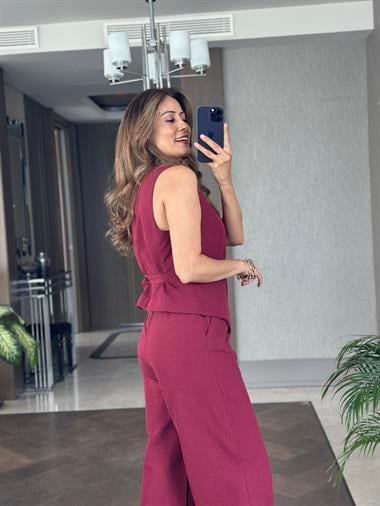 Bordo Terni Yelek Pantolon Kadın Keten Alt Üst Takım