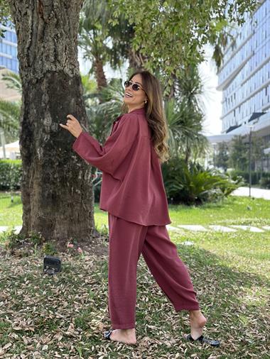 Bordo Truvakar Kol Gömlek Balon Pantolon Kadın Tnsel Alt Üst Takım