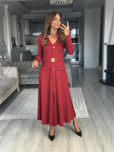 Bordo Uzun Kol V Yaka Kemeri Broş Detaylı  Midi Boy Kadın Elbise 