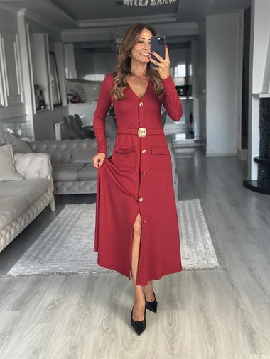 Bordo Uzun Kol V Yaka Kemeri Broş Detaylı  Midi Boy Kadın Elbise 