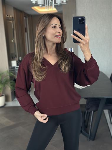 Bordo V Yaka Kapüşonlu Oysh Model Kadın Sweatshirt