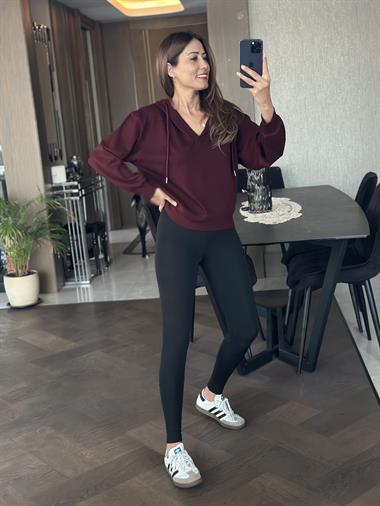 Bordo V Yaka Kapüşonlu Oysh Model Kadın Sweatshirt
