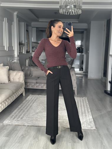 Bordo V Yaka Kaşmirli Ultra Hafif Kadın Triko Kazak