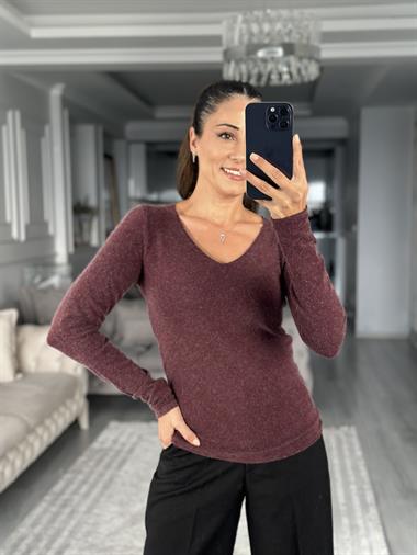Bordo V Yaka Kaşmirli Ultra Hafif Kadın Triko Kazak