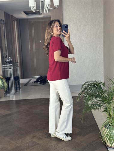 Bordo V Yaka MD Model Kadın T-Shirt