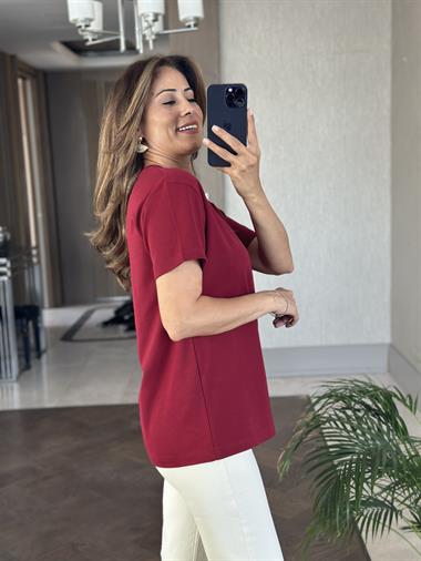 Bordo V Yaka MD Model Kadın T-Shirt