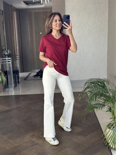 Bordo V Yaka MD Model Kadın T-Shirt