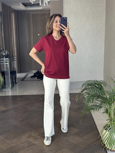 Bordo V Yaka MD Model Kadın T-Shirt
