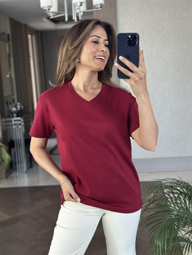 Bordo V Yaka MD Model Kadın T-Shirt