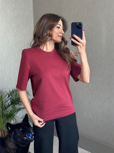 Bordo Vatkalı Kısa Kol Basic Kadın T-Shirt