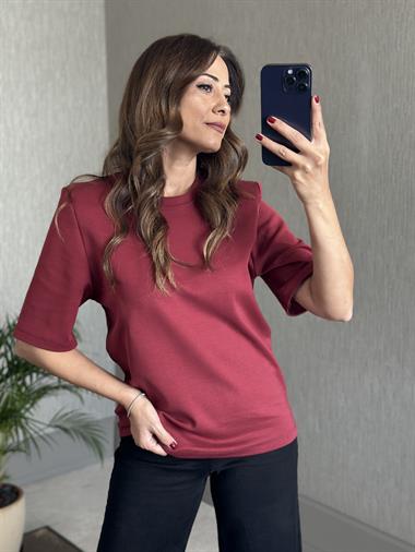 Bordo Vatkalı Kısa Kol Basic Kadın T-Shirt