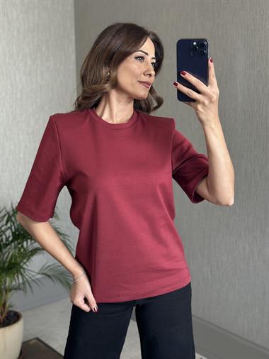 Bordo Vatkalı Kısa Kol Basic Kadın T-Shirt