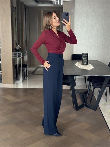 Bordo Vatkalı Kruvaze Yaka Simli Kadın Bluz