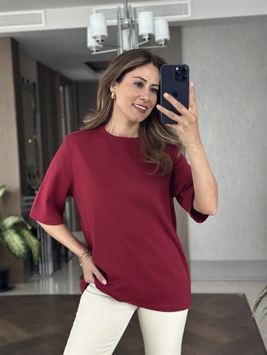 Bordo Vatkalı Oversize Mass Model Bisiklet Yaka Kısa Kol Kadın T-Shirt