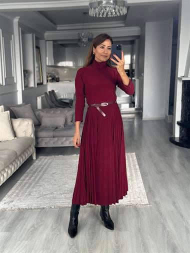 Bordo Yarım Balıkçı Kemerli Piliseli Midi Boy Kadın Elbise