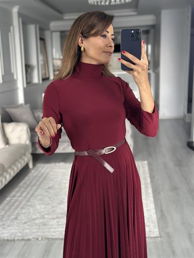 Bordo Yarım Balıkçı Kemerli Piliseli Midi Boy Kadın Elbise