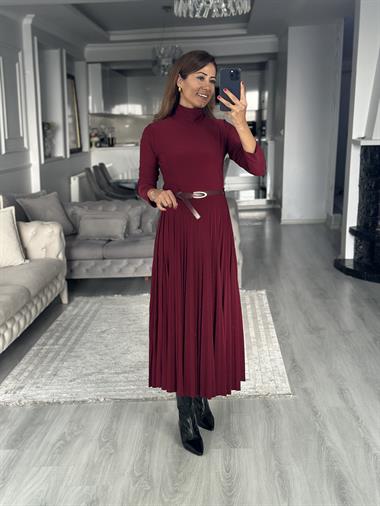 Bordo Yarım Balıkçı Kemerli Piliseli Midi Boy Kadın Elbise