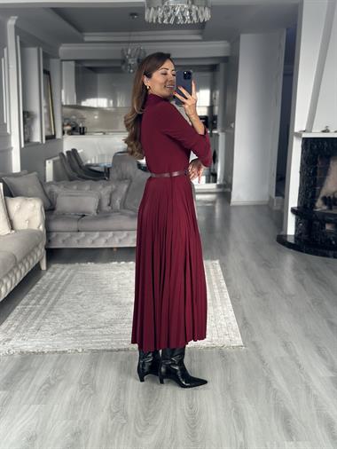 Bordo Yarım Balıkçı Kemerli Piliseli Midi Boy Kadın Elbise