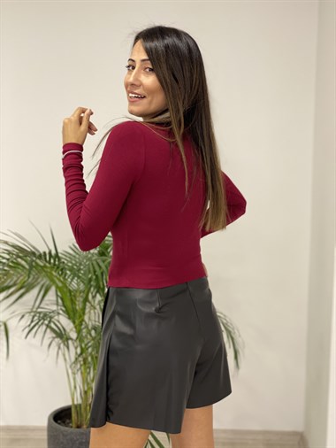 Bordo Yarım Boğazlı Yumoş Kadın Bluz