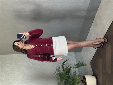 Bordo Yumoş Gold Şerit Detay Cepli Kadın Triko Hırka 