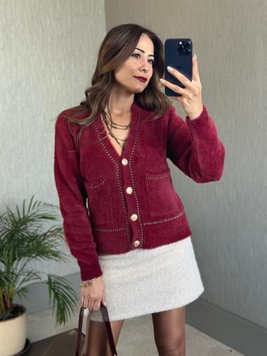 Bordo Yumoş Gold Şerit Detay Cepli Kadın Triko Hırka 