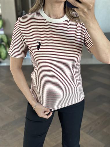Bordo Çizgili Nakışlı Bisiklet Yaka Kadın T-Shirt
