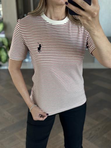 Bordo Çizgili Nakışlı Bisiklet Yaka Kadın T-Shirt