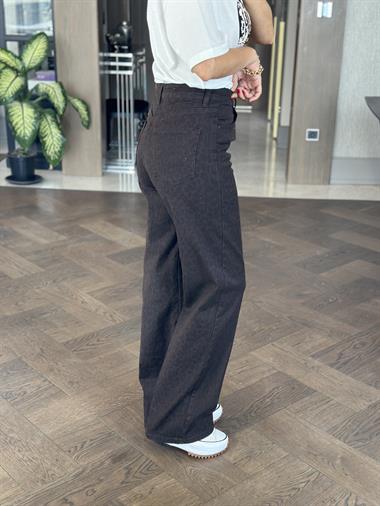 Brown Leopar Desen Wide Leg Kadın Jean Pantolon