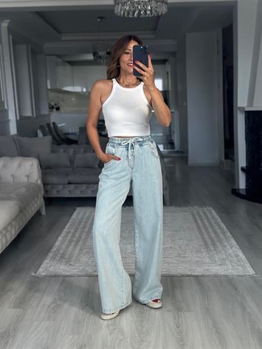 Buz Mavi Beli Lastikli Palazzo Kadın Jean Pantolon
