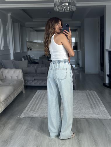 Buz Mavi Beli Lastikli Palazzo Kadın Jean Pantolon