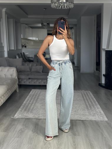 Buz Mavi Beli Lastikli Palazzo Kadın Jean Pantolon
