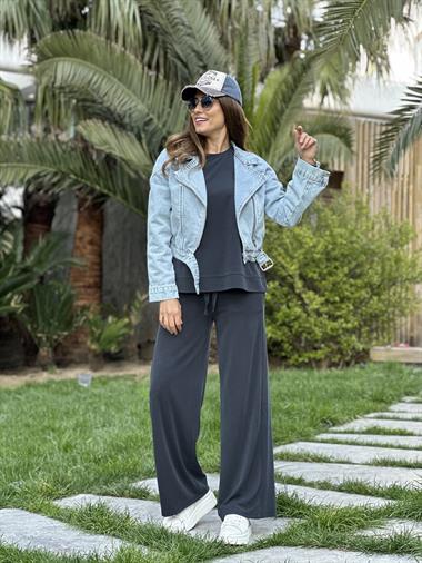 Buz Mavi Çapraz Fermuarlı Kot Kadın Ceket