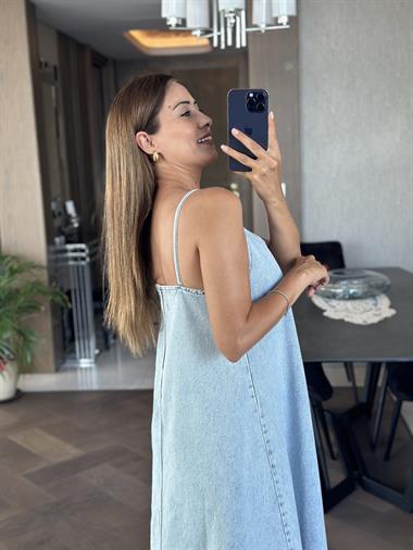 Buz Mavi İnce Askılı V Yaka Standart Uzun Kadın Ham Kot Elbise