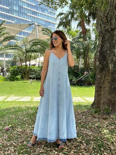 Buz Mavi İnce Askılı V Yaka Standart Uzun Kadın Ham Kot Elbise