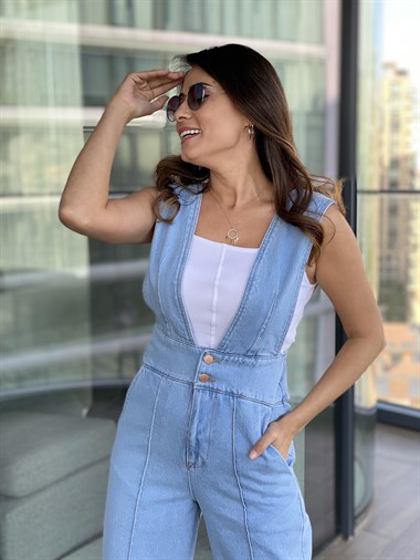 Buz Mavi Kalın Askılı Kot Salopet