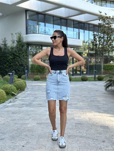 Buz Mavi Karol Lazer Yırtıklı Kadın Kot Etek