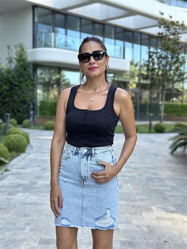 Buz Mavi Karol Lazer Yırtıklı Kadın Kot Etek