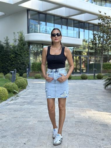 Buz Mavi Karol Lazer Yırtıklı Kadın Kot Etek