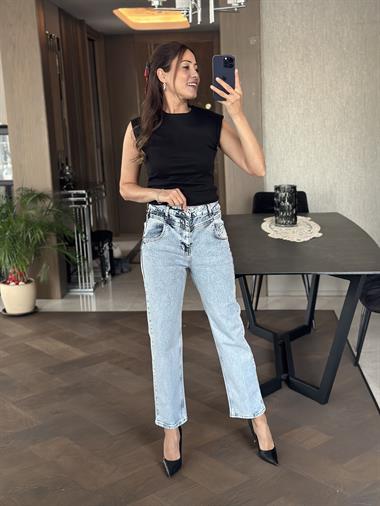 Buz Mavi Kemer Altı  Dikiş Detay Mom Fit Kadın Jean Pantolon