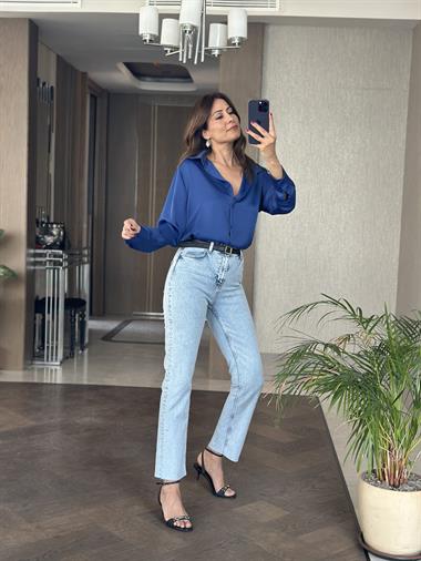 Buz Mavi Lacarino Düz Kesim Kesik Paça Kadın Jean Pantolon