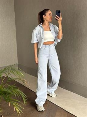 Buz Mavi Lacarino Wide Leg Paçası Dikişli Kadın Jean Pantolon