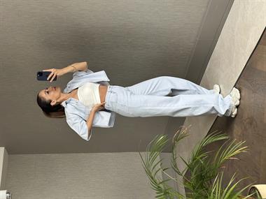 Buz Mavi Lacarino Wide Leg Paçası Dikişli Kadın Jean Pantolon