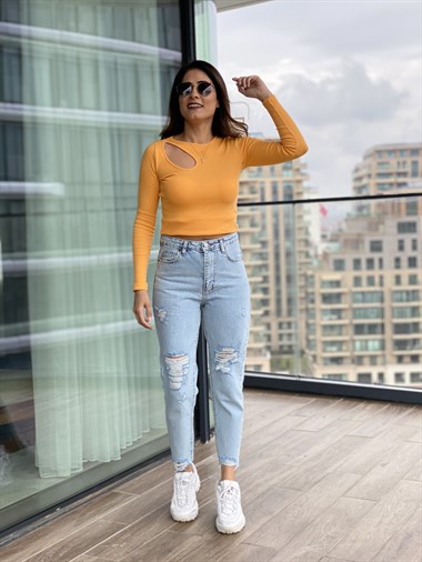 Buz Mavi  Poema Yırtık Detay Mom Jean