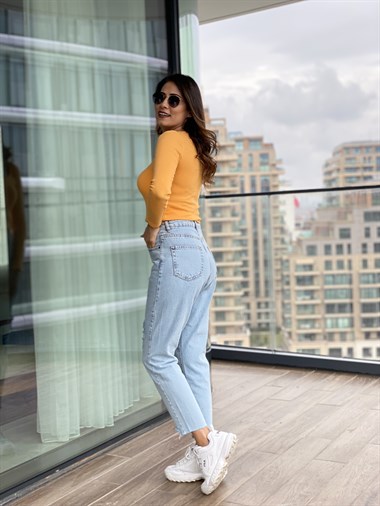 Buz Mavi  Poema Yırtık Detay Mom Jean