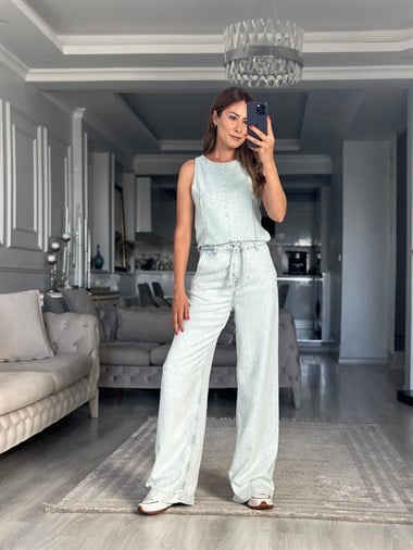 Buz Mavi Tensel Denim Kolsuz Bluz Pantolon Kadın İkili Takım